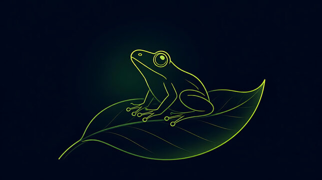 A glowing neon outline of a small frog resting on a large leaf.