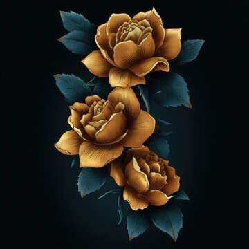 Digitally painted cluster of three golden roses, with dark teal foliage and stems on a black background, conveying a classic aesthetic