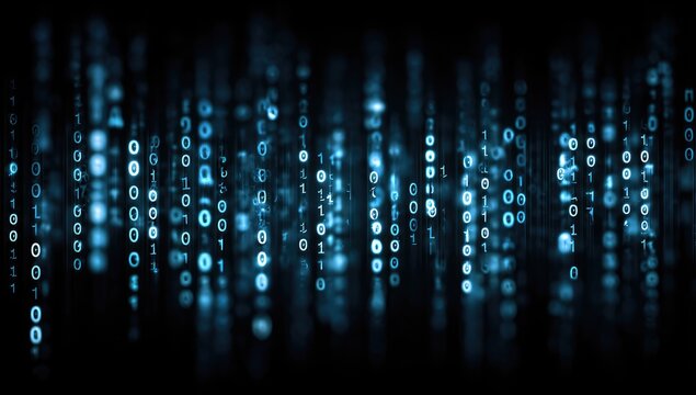 Digitally rendered binary code cascading downwards. The matrix style shows falling digits in shades of blue against a dark backdrop