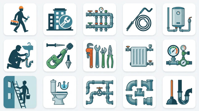Flat Design Plumbing and Heating System Icons Collection.
