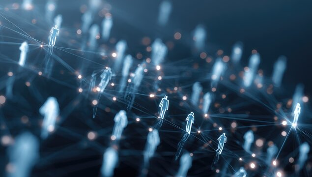 Digitized figures are connected by luminous lines, suggesting networked individuals and digital relationships in a blurred, futuristic display