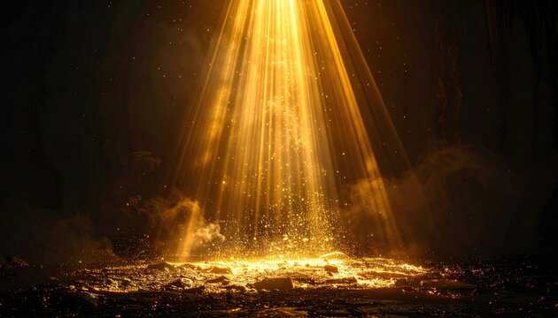 Dramatic scene featuring golden light beams descending into a dark, textured cavern. Dust particles glow as light streams down, illuminating the rough ground