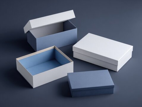 Four rectangular paperboard boxes, two open and two closed, arranged at different angles. They have blue and white colors and rest on a dark blue surface