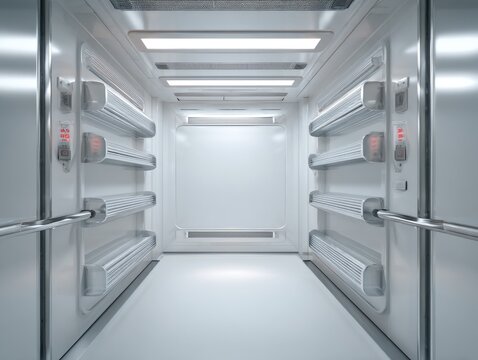 Futuristic interior of a passenger transport, featuring white surfaces, metallic handrails, and built-in lighting fixtures. Perspective offers a sense of depth