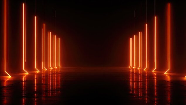 Futuristic, symmetric scene; vertical orange neon lights line a dark corridor with glossy floor, reflections create depth