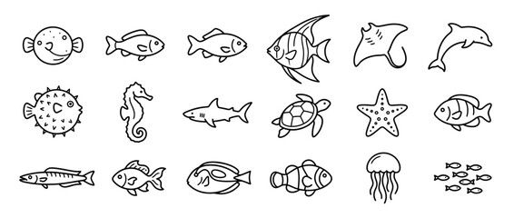 Hand Drawn Sea Creatures Collection Outline © anis