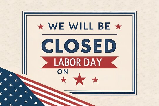 Labor day usa closed, We will be closed for labor day sign with american flag, Business closed for labor day with american flags, We will be closed on labor day announcement with american flag