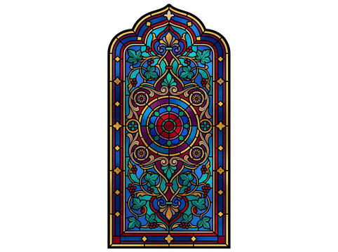 Stained glass window with intricate gothic patterns and vibrant blue and red hues, ornate cathedral glass panel featuring floral motifs and symmetrical geometric designs