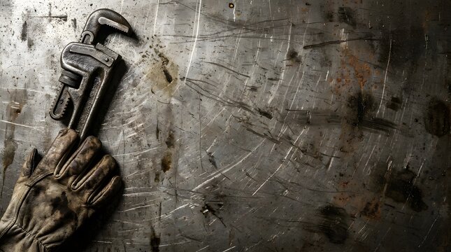 Industrial work background with wrench and protective leather glove on scratched metal surface