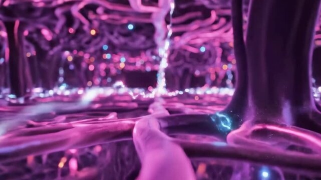Abstract microscopic view of pink and purple organic tissue.