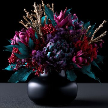 Opulent Bouquet of Dried Flowers in Black Vase