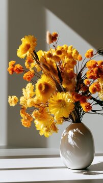 Bright Yellow and Muted Orange Flowers in a Vase