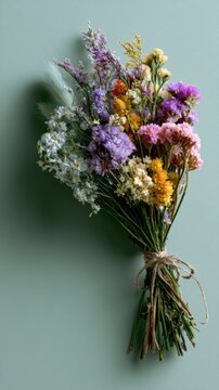 Colorful Dried Wildflower Bouquet on Green Wall