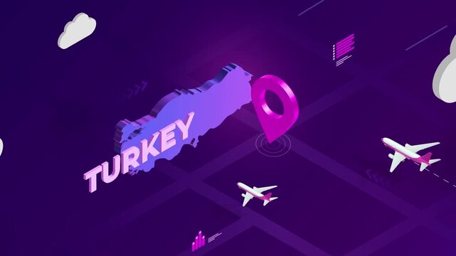 Isometric Design, Turkey Map Silhouette Location Pin and Airplanes on Purple Animation, Travel Background