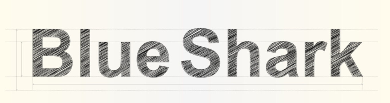 Abstract blue shark text graphic featuring hand drawn scribbled fill effects and technical architectural style grid lines