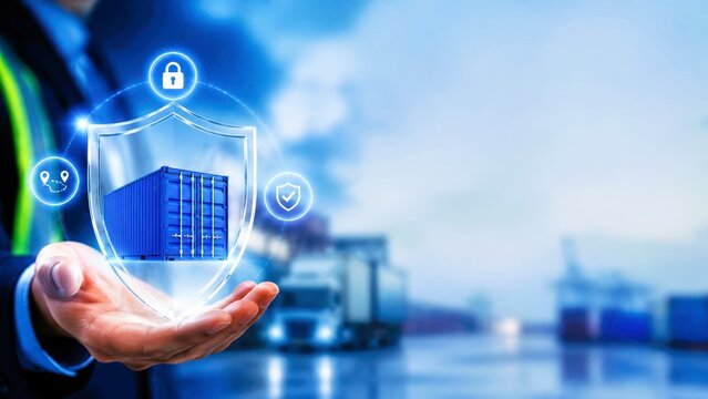 Secure digital banking cargo container shield logistics trade port supply chain commerce safety insurance cargo protection freight transport dock storage import export warehouse control