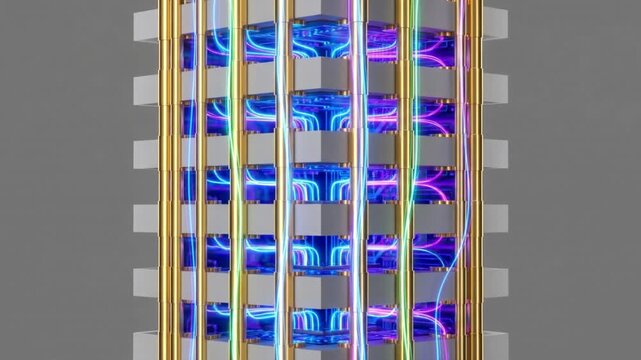 待機状態からUV発光しデータ転送を開始する3D積層AIプロセッサ垂直断面と純金TSVのマクロループ映像