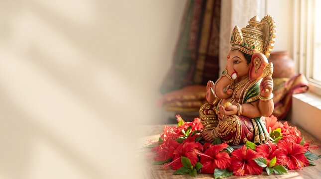 Traditional Ganesha Idol Adorned with Vibrant Hibiscus Flowers in Sunlight