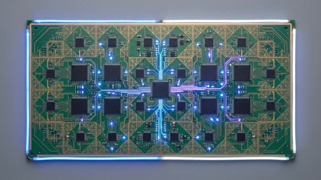 待機状態から青いネオンのUV発光が波及し同期する6Gミリ波フラクタルアンテナ基板の俯瞰ループ映像