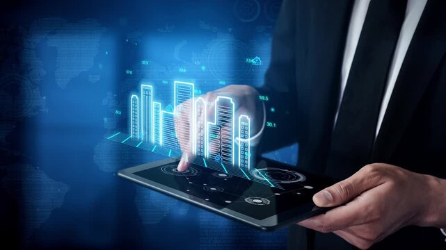 Businessman Using Tablet with Futuristic Graphs and Data Visualization in Modern Office Setting for Financial Analysis and Reporting. Entropy.