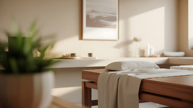 Modern minimalist wellness spa treatment room with wooden massage table and calming natural decor