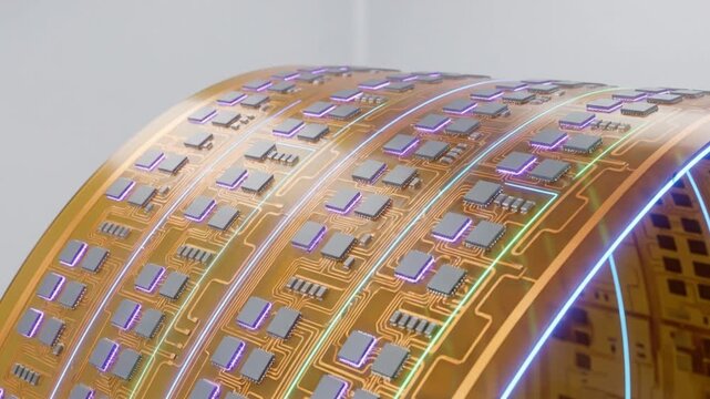 待機状態からネオンのUV発光が波及しデータ処理を開始するIoT向けフレキシブル基板のマクロループ映像