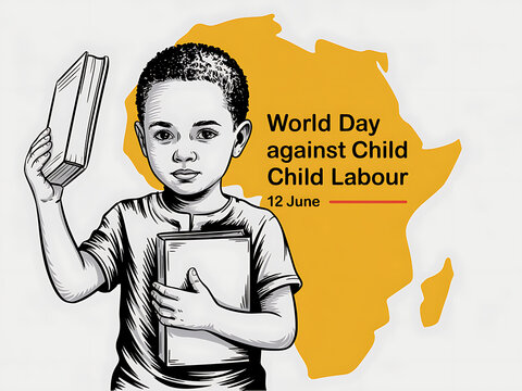 World day against child labour poster illustration of a boy holding school books with education