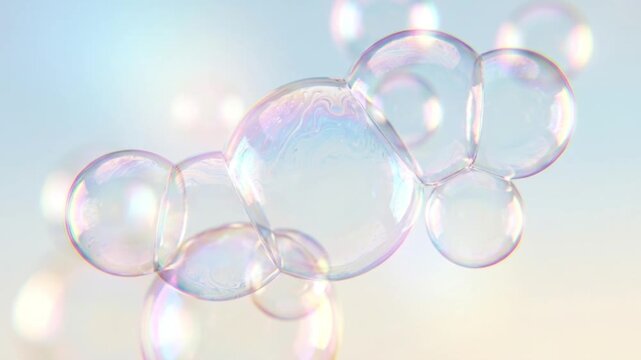 パステルブルーの背景で浮遊し収束する玉虫色のシャボン玉の抽象背景ループ映像