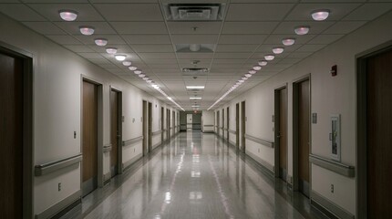 Fototapeta premium Quiet Hallway Lined with Evenly Spaced Ceiling Call Indicator Domes