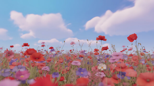 Field of colorful wild poppies under a soft blue summer sky with blooming landscape sunlight
