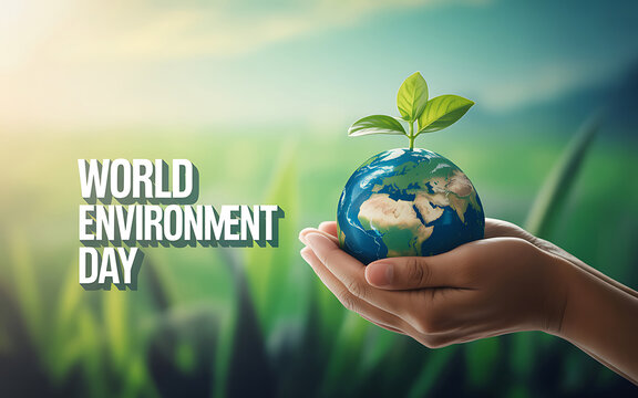 Hands holding a small green plant growing on a miniature earth globe for world environment day