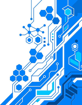 Blue Abstract Technology Background with Circuit Board and Hexagonal Patterns