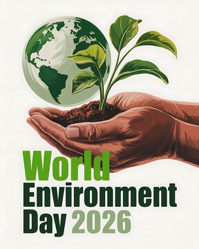 World environment day 2026 poster with hands holding a globe and small plant growing from soil