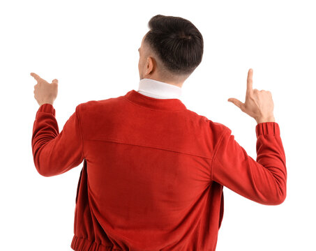 Handsome man showing loser gesture on white background, back view