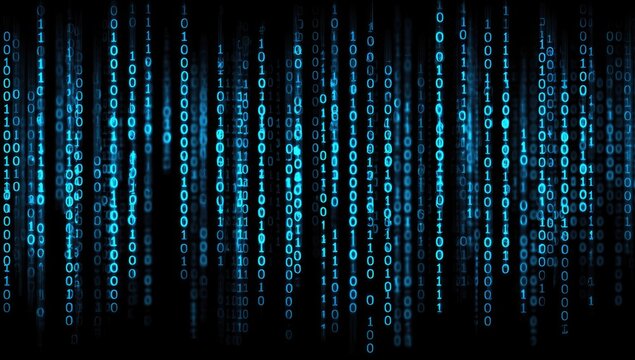 Digital display of binary code numbers dropping vertically against a black background. The luminous code is blue. It looks like data