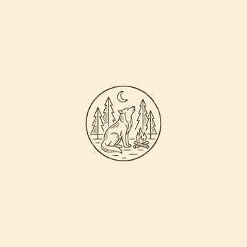 Minimalist line art illustration of a wild wolf sitting by a campfire in the pine forest at night under the crescent moon.