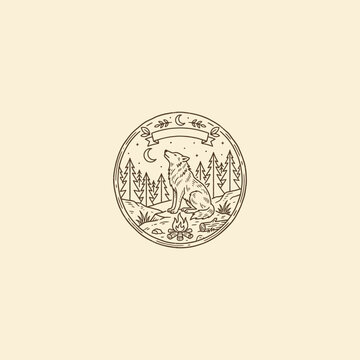 Minimalist line art illustration of a wild wolf sitting by a campfire in the pine forest at night under the crescent moon.