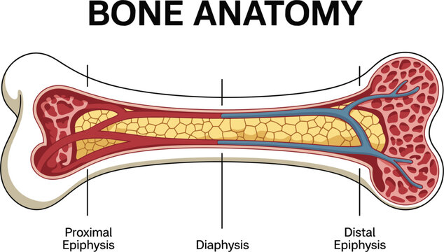 Bone Anatomy Infographic Illustrating Long Bone Structure with Proximal Epiphysis, Diaphysis, Distal Epiphysis, Compact Bone, and Bone Marrow for Medical Education
