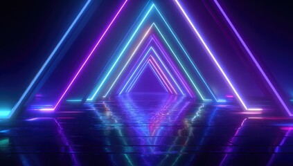 Naklejka premium Futuristic tunnel bathed in neon light, with converging triangular frames, reflected in a glossy floor, creating a sense of depth