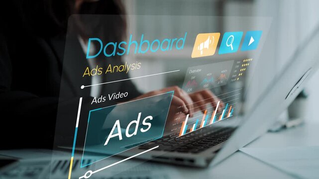 Professional hands interacting with a digital dashboard displaying ads analysis metrics and graphics on a modern laptop in a business environment Gluon.