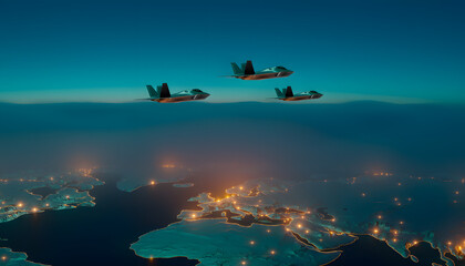 Naklejka premium A squadron of three advanced stealth fighter jets flying in formation high above a glowing map of Europe at night, showcasing modern military aviation technology and global defense concepts.