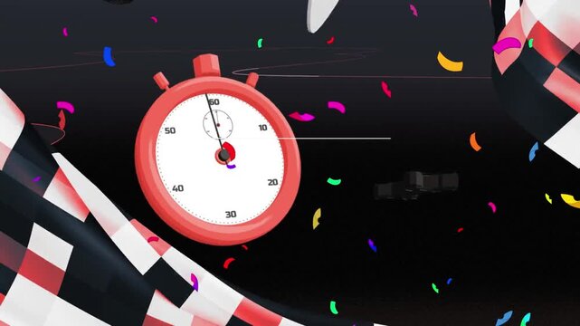 Stopwatch hangs in the air alongside waving checkered flags against a dark background filled with falling confetti.