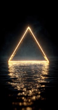 Illuminated equilateral triangle against a dark backdrop reflects in rippling water, creating a surreal and glowing ambiance