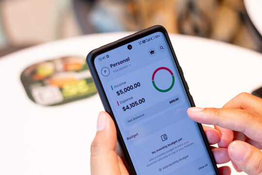 Person managing personal finance on a smartphone app showing budget and expenses