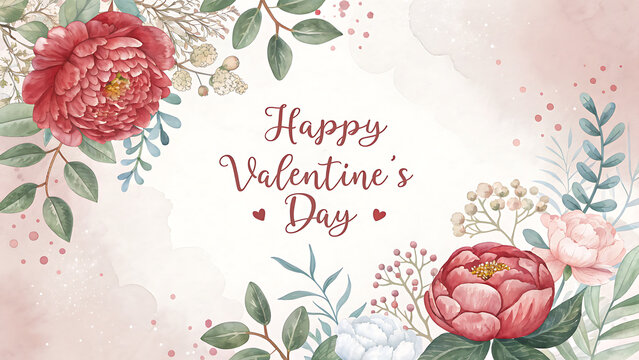 Beautiful watercolor Valentines Day floral design with pink peonies and decorative leaves for greeting cards or digital art transparent background
