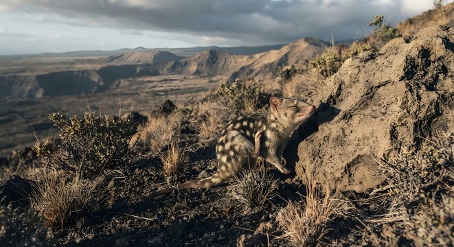 A spotted quoll scratching itself on a rocky volcanic landscape