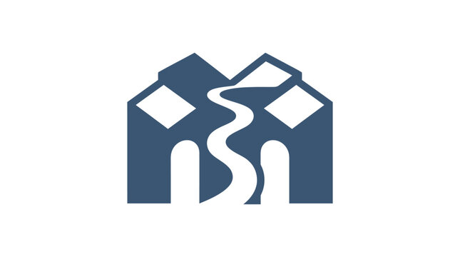 A minimalist graphic icon featuring a stylized building structure with a winding path