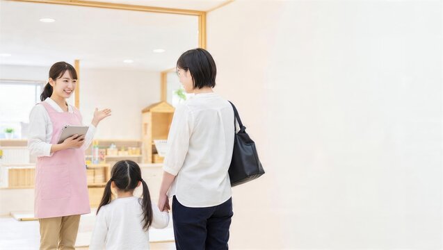 登園した親子をタブレットで受け付ける女性保育士
