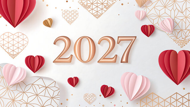 Elegant 2027 New Year Design Featuring Heart Shaped Paper Balloons and Geometric Patterns for Celebration Posters transparent background