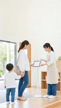 保育園の入口でタブレットに登園記録を入力する親子